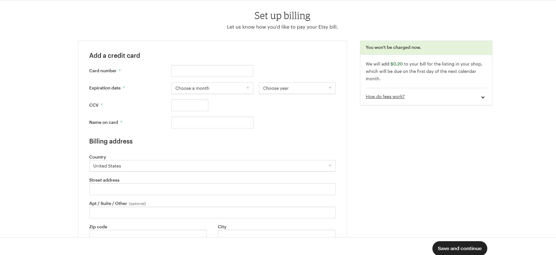 Add credit card details for Etsy Billing